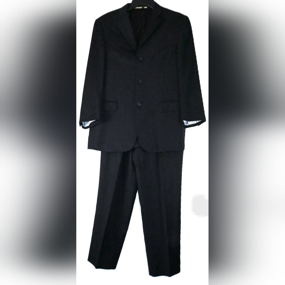 BURBERRY LONDON Black Pen Stripped 2Pc Suit Jacket 40 R Pants 31W Union Made USA - Picture 16 of 16